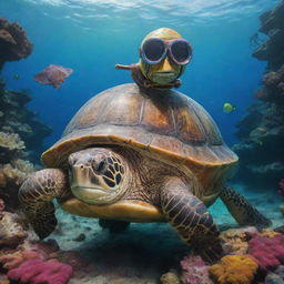 Depict a turtle wearing a vintage scuba diving helmet, submerged in a colorful marine environment.