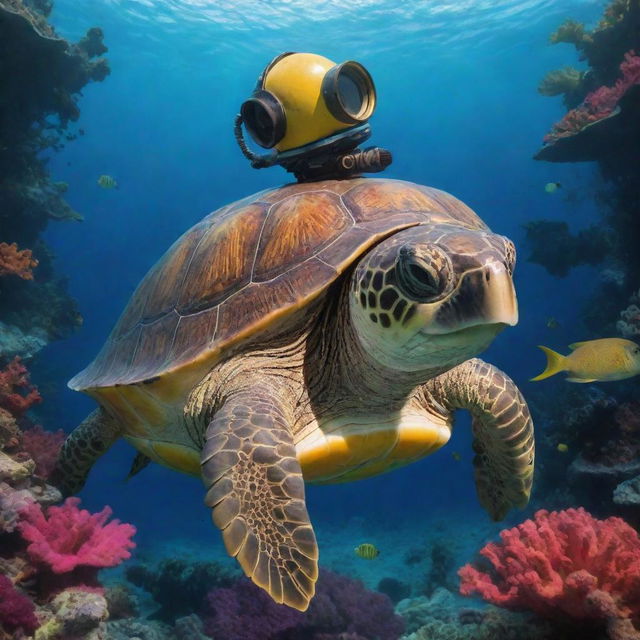 Depict a turtle wearing a vintage scuba diving helmet, submerged in a colorful marine environment.