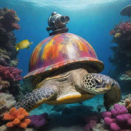 Depict a turtle wearing a vintage scuba diving helmet, submerged in a colorful marine environment.