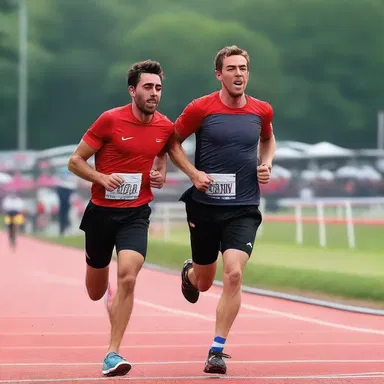 After winning the race, Alex exultingly ran towards his partner and embraced them tightly, overwhelmed by their romantic relationship.