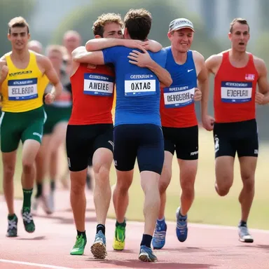 After winning the race, Alex exultingly ran towards his partner and embraced them tightly, overwhelmed by their romantic relationship.