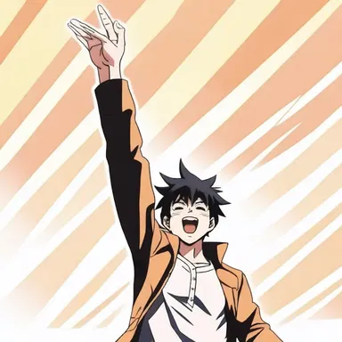 The main character in the anime exultingly declared his victory by raising his arm in the air and shouting with delight.