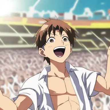 The main character in the anime exultingly declared his victory by raising his arm in the air and shouting with delight.