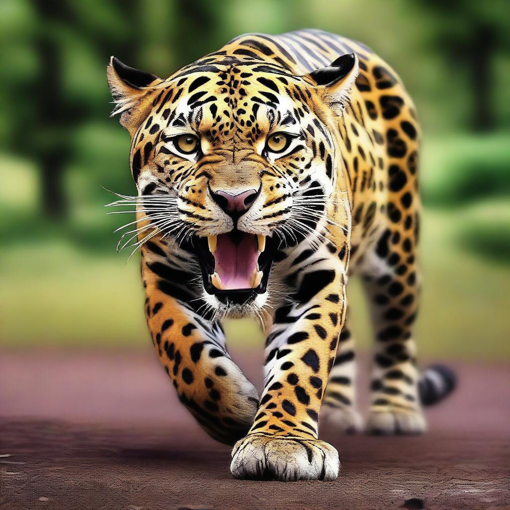 A striking digital art piece showcasing a jaguar with a leg in its mouth