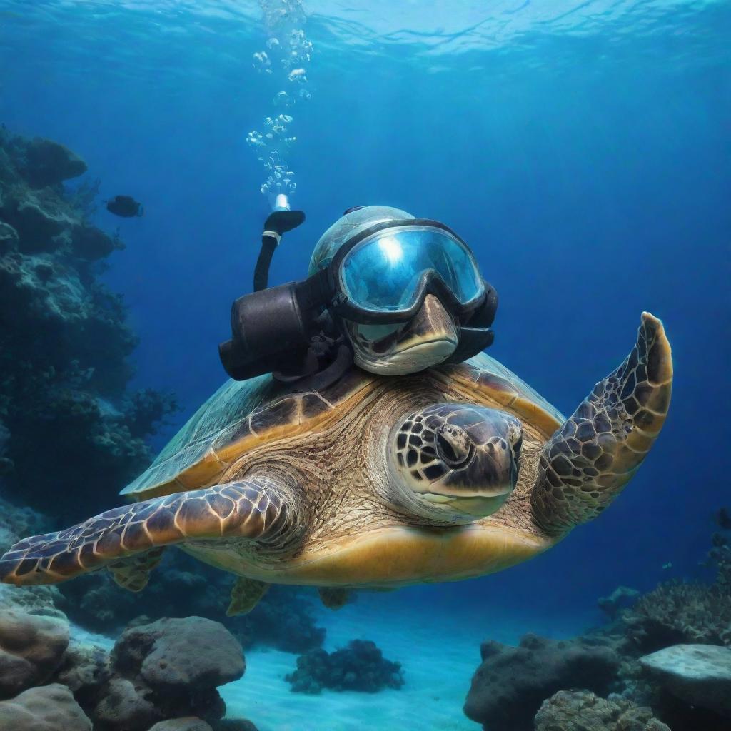 Design a scene featuring a turtle adorned with a scuba diving helmet, swimming in the clear azure depths of the sea.