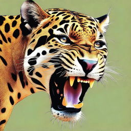 A striking digital art piece showcasing a jaguar with a leg in its mouth