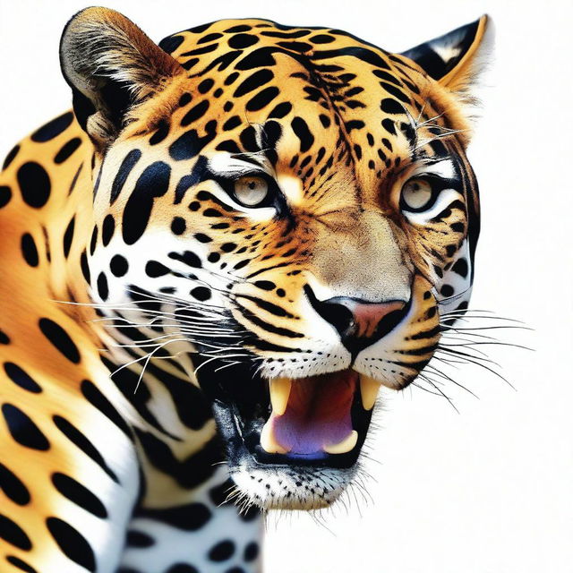 A striking digital art piece showcasing a jaguar with a leg in its mouth