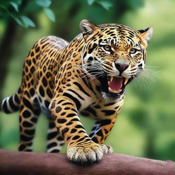 A striking digital art piece showcasing a jaguar with a leg in its mouth