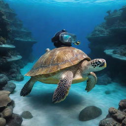 Design a scene featuring a turtle adorned with a scuba diving helmet, swimming in the clear azure depths of the sea.