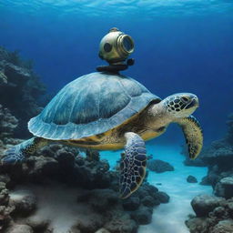 Design a scene featuring a turtle adorned with a scuba diving helmet, swimming in the clear azure depths of the sea.