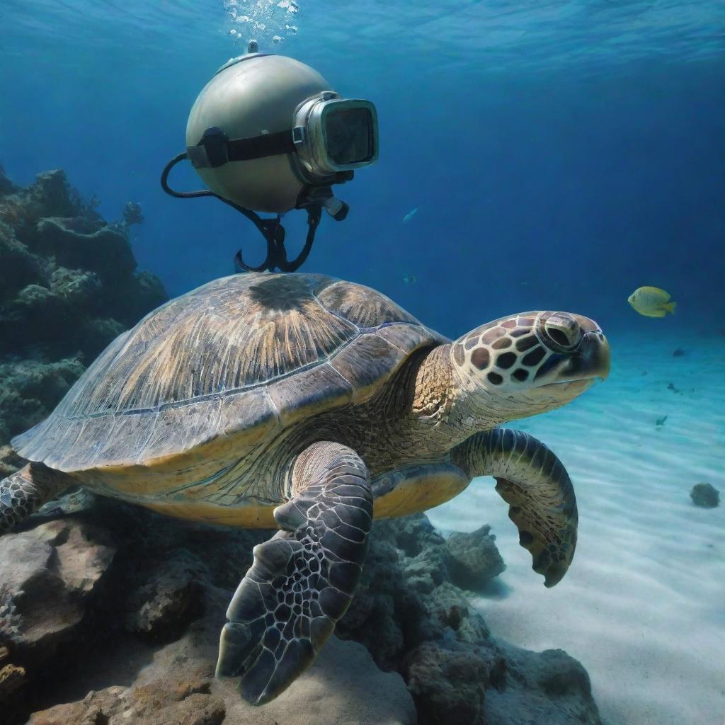 Design a scene featuring a turtle adorned with a scuba diving helmet, swimming in the clear azure depths of the sea.