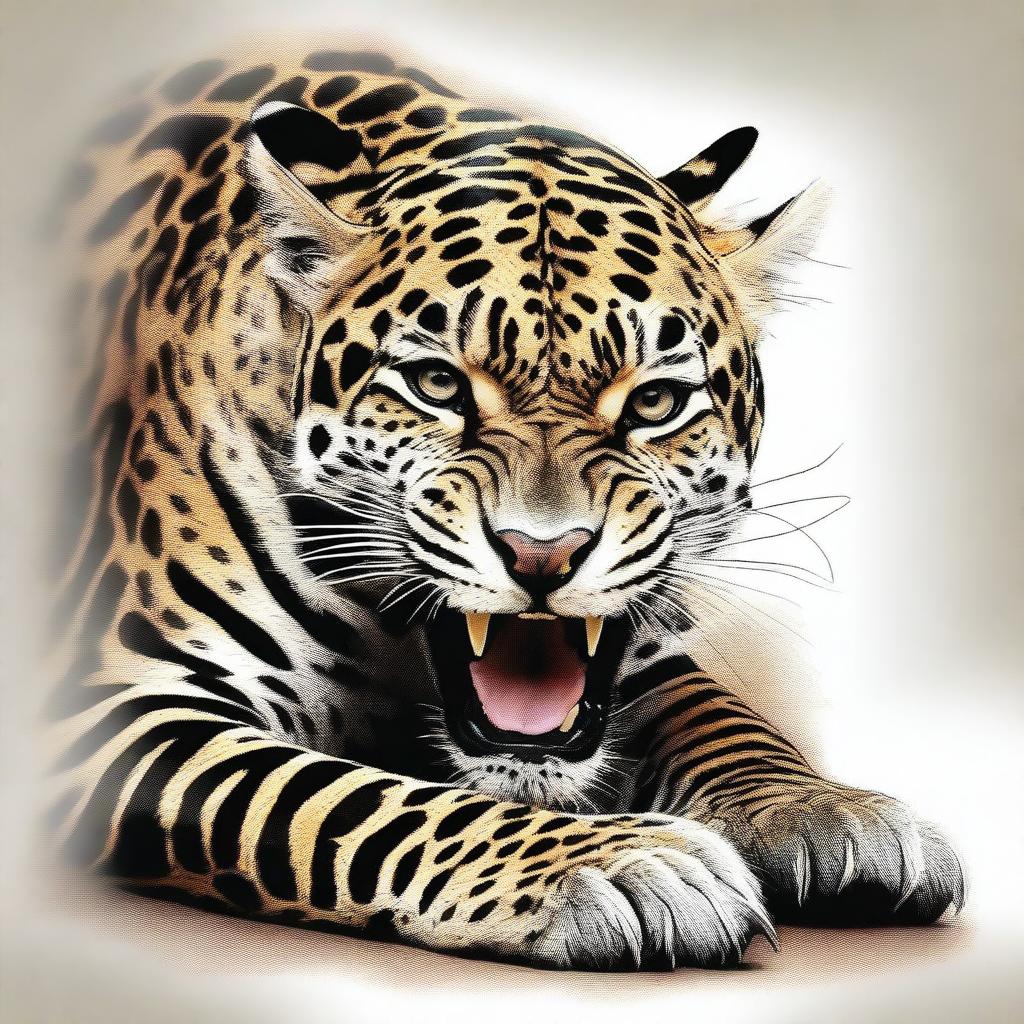 This is a high-quality digital art image depicting a jaguar with a child's leg in its mouth