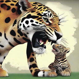 This is a high-quality digital art image depicting a jaguar with a child's leg in its mouth