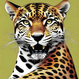 This is a high-quality digital art image depicting a jaguar with a child's leg in its mouth