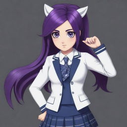 Rarity from My Little Pony reimagined as a Danganronpa character, with the anime style, school uniform, and flair for dramatic poses