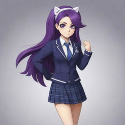 Rarity from My Little Pony reimagined as a Danganronpa character, with the anime style, school uniform, and flair for dramatic poses