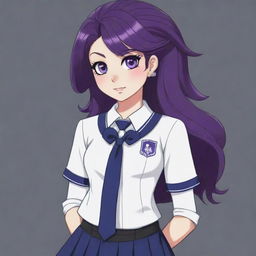 Rarity from My Little Pony reimagined as a Danganronpa character, with the anime style, school uniform, and flair for dramatic poses