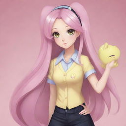 A Danganronpa style character artwork featuring Fluttershy from My Little Pony. Maintain her gentle and delicate style in this new context, with anime influences and dark, audacious tones typical of Danganronpa's atmospheric art style.