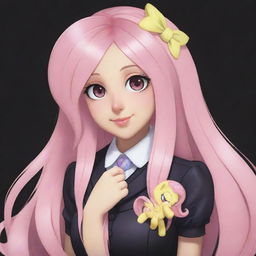 A Danganronpa style character artwork featuring Fluttershy from My Little Pony. Maintain her gentle and delicate style in this new context, with anime influences and dark, audacious tones typical of Danganronpa's atmospheric art style.