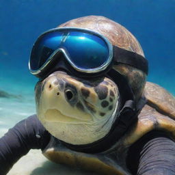 A cool turtle donning a shiny Kirby Morgan brand helmet, prepared for an underwater adventure.