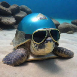 A cool turtle donning a shiny Kirby Morgan brand helmet, prepared for an underwater adventure.