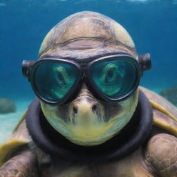 A cool turtle donning a shiny Kirby Morgan brand helmet, prepared for an underwater adventure.