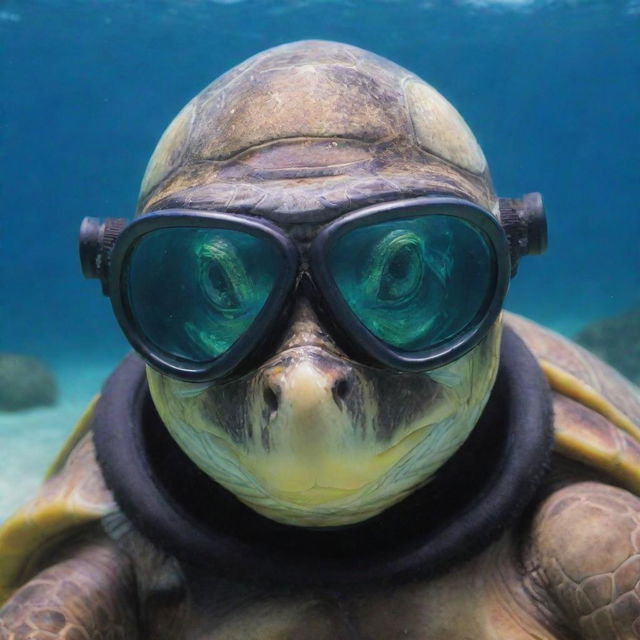 A cool turtle donning a shiny Kirby Morgan brand helmet, prepared for an underwater adventure.