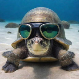 A cool turtle donning a shiny Kirby Morgan brand helmet, prepared for an underwater adventure.