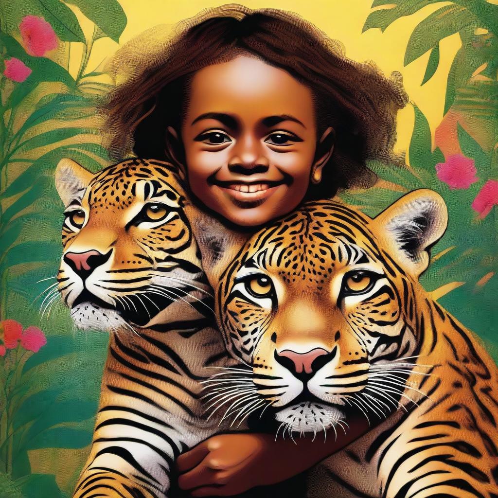 A high-quality digital art image depicting a young child confidently perched atop a majestic jaguar