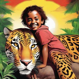 A high-quality digital art image depicting a young child confidently perched atop a majestic jaguar