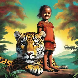 A high-quality digital art image depicting a young child confidently perched atop a majestic jaguar