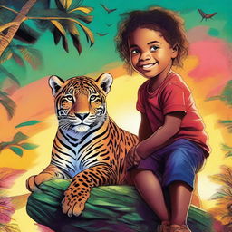 A high-quality digital art image depicting a young child confidently perched atop a majestic jaguar