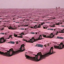 An array of military vehicles and soldiers, traditionally daunting, painted in a surprising hue of bright and playful pink.