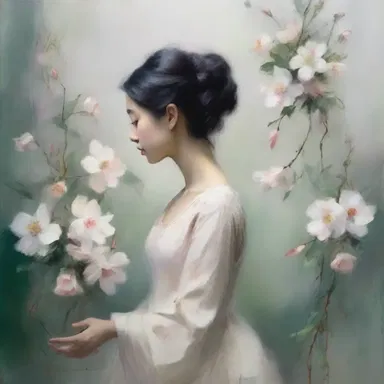 The artist used thin brush strokes to create a delicate and ethereal effect in the painting.