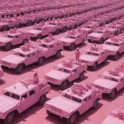 An array of military vehicles and soldiers, traditionally daunting, painted in a surprising hue of bright and playful pink.