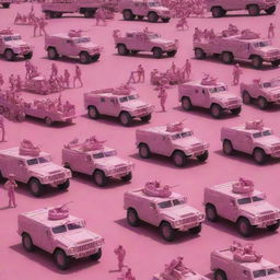 An array of military vehicles and soldiers, traditionally daunting, painted in a surprising hue of bright and playful pink.