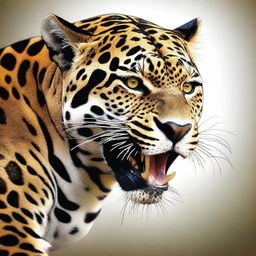 A digital art image in high resolution, showing a jaguar with a fierce expression, holding a detached leg in its mouth