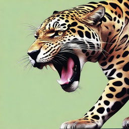 A digital art image in high resolution, showing a jaguar with a fierce expression, holding a detached leg in its mouth