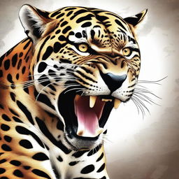 A digital art image in high resolution, showing a jaguar with a fierce expression, holding a detached leg in its mouth