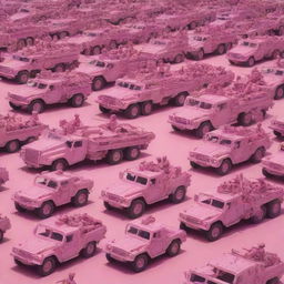 An array of military vehicles and soldiers, traditionally daunting, painted in a surprising hue of bright and playful pink.