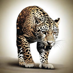 A digital art image in high resolution, showing a jaguar with a fierce expression, holding a detached leg in its mouth