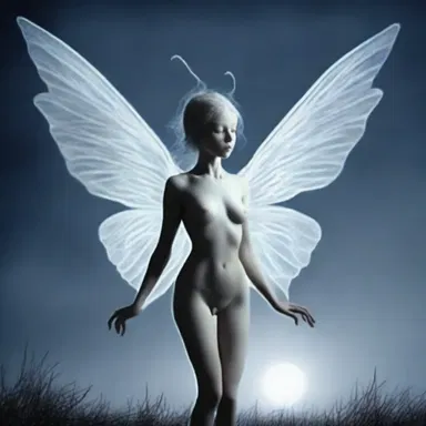 The elfin creature had delicate features and thin, ethereal wings that shimmered in the moonlight.