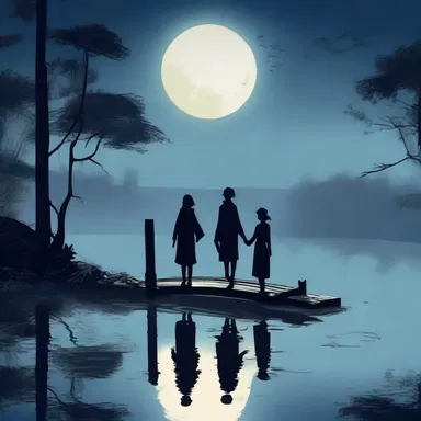 In the moonlight, they walked together on a thin bridge over the serene lake.