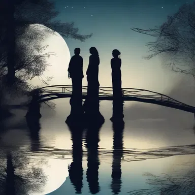 In the moonlight, they walked together on a thin bridge over the serene lake.
