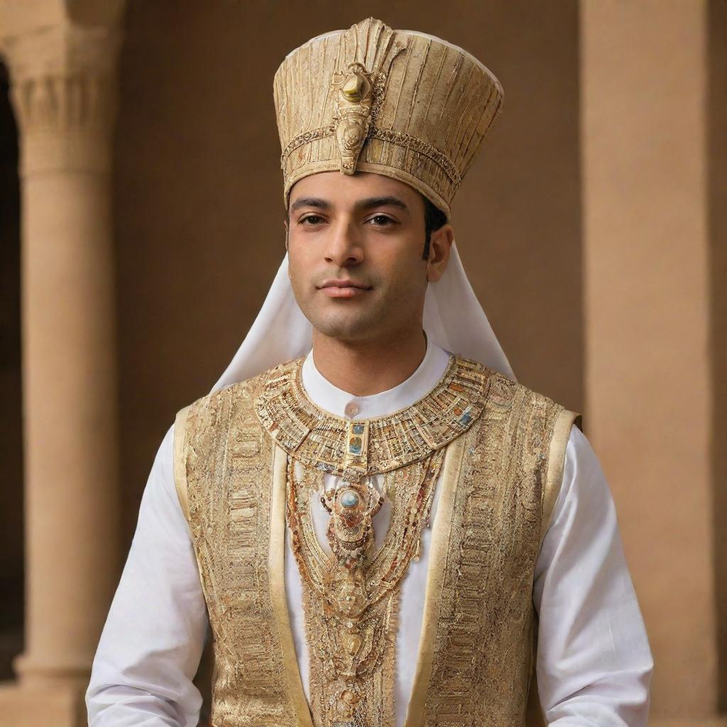 Egyptian actor Ahmed Ezz dressed in a luxurious Pharaoh's attire, complete with elaborate headdress and ornate accessories