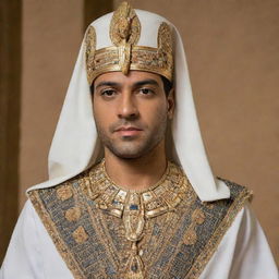 Egyptian actor Ahmed Ezz dressed in a luxurious Pharaoh's attire, complete with elaborate headdress and ornate accessories