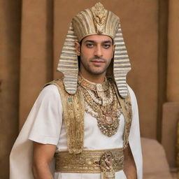 Egyptian actor Ahmed Ezz dressed in a luxurious Pharaoh's attire, complete with elaborate headdress and ornate accessories