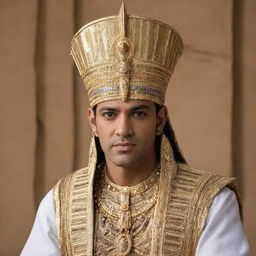 Egyptian actor Ahmed Ezz dressed in a luxurious Pharaoh's attire, complete with elaborate headdress and ornate accessories