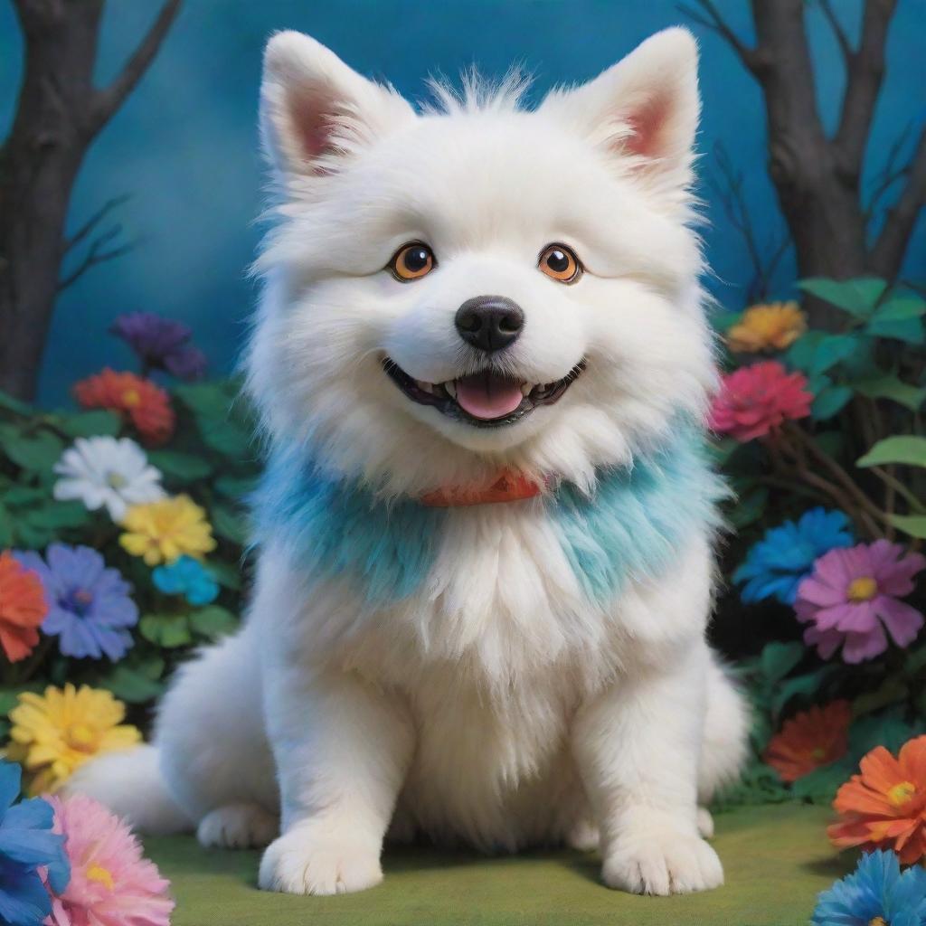 A friendly, fluffy dog in the artistic style of Studio Ghibli, imbued with vibrant colors and magical realism.