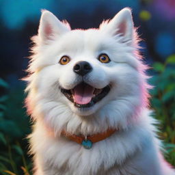 A friendly, fluffy dog in the artistic style of Studio Ghibli, imbued with vibrant colors and magical realism.